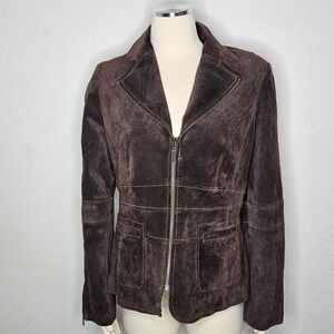 Bernardo Brown Suede Leather Tailored Zip Jacket Minimalist Womens L